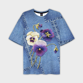 Мужская футболка oversize 3D с принтом Фиалки на джинсовой ткани ,  |  | джинсовый | джинсы | цветы