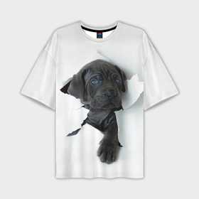 Мужская футболка oversize 3D с принтом Дог в Санкт-Петербурге,  |  | animal | black | break | breed | dog | kid | paper | puppy | tear | torn | дог | животное | малыш | порода | прорыв | разрыв | рваная | собака | черный | щенок