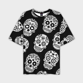 Мужская футболка oversize 3D с принтом Черепа в Санкт-Петербурге,  |  | Тематика изображения на принте: день мертвых | мексика | паттерн | традция | узоры | цветы | черно белый | черный