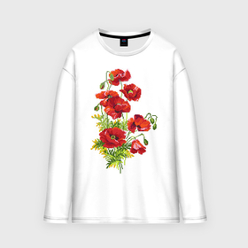 Мужской лонгслив oversize хлопок с принтом Маки ,  |  | embroidery | flowers | poppies | red | wild | вышивка | красные | маки | полевые | цветы