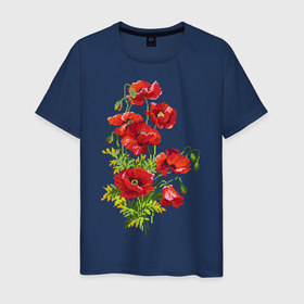 Мужская футболка хлопок с принтом Маки в Тюмени, 100% хлопок | прямой крой, круглый вырез горловины, длина до линии бедер, слегка спущенное плечо. | Тематика изображения на принте: embroidery | flowers | poppies | red | wild | вышивка | красные | маки | полевые | цветы