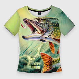 Женская футболка 3D Slim с принтом Лучший рыбак в Курске,  |  | bait | best fisherman | driftwood | fish | fishing | hook | pike | river bottom | water | вода | дно | коряга | крючок | лучший рыбак | наживка | река | рыба | рыбалка | щука