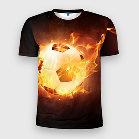 Мужская футболка 3D Slim с принтом Мяч в Екатеринбурге, 100% полиэстер с улучшенными характеристиками | приталенный силуэт, круглая горловина, широкие плечи, сужается к линии бедра | Тематика изображения на принте: горит | мяч | мячик | огненный мяч | огонь | пламя | свет | темнота | тень | футбол