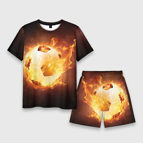 Мужской костюм с шортами 3D с принтом Мяч в Новосибирске,  |  | горит | мяч | мячик | огненный мяч | огонь | пламя | свет | темнота | тень | футбол