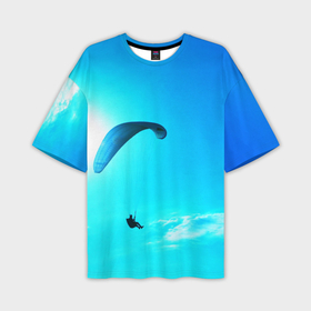 Мужская футболка oversize 3D с принтом Прыжок с парапланом в Петрозаводске,  |  | парашют | прыжок | синяя