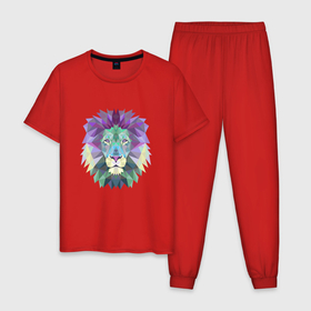 Мужская пижама хлопок с принтом Полигональный лев в Кировске, 100% хлопок | брюки и футболка прямого кроя, без карманов, на брюках мягкая резинка на поясе и по низу штанин
 | Тематика изображения на принте: 