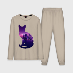 Мужская пижама с лонгсливом хлопок с принтом Кошка город в Белгороде,  |  | вода | город | залив | здания | киса | кот | кошка | огни | розовый | фиолетовый