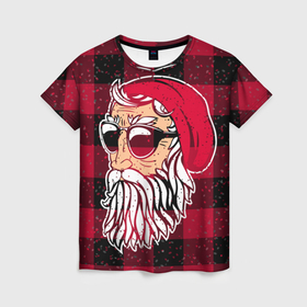 Женская футболка 3D с принтом Санта хипстер в красной шапке , 100% полиэфир ( синтетическое хлопкоподобное полотно) | прямой крой, круглый вырез горловины, длина до линии бедер | Тематика изображения на принте: борода | зима | новый год | очки | праздник | рождество | санта | хипстер