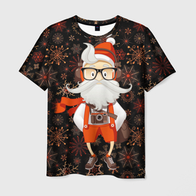 Мужская футболка 3D с принтом Санта хипстер с фотоаппаратом в Петрозаводске, 100% полиэфир | прямой крой, круглый вырез горловины, длина до линии бедер | борода | зима | новогодний | очки | рождество | санта | фотоаппарат | хипстер | шорты