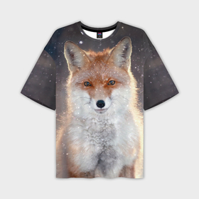 Мужская футболка oversize 3D с принтом Лиса и падающий снег ,  |  | animal | baby | fox | predator | red | sly | snow | view | wild | winter | взгляд | дикая | животное | зима | лиса | малыш | рыжая | снег | хитрая | хищник