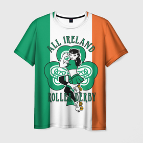 Мужская футболка 3D с принтом Роллер дерби   вся Ирландия в Белгороде, 100% полиэфир | прямой крой, круглый вырез горловины, длина до линии бедер | athlete | clover | flag | girl | ireland | roller | roller derby | девушка | ирландия | клевер | на роликах | спортсменка | флаг