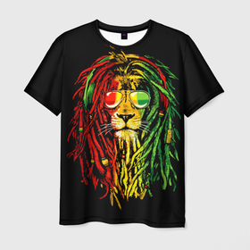 Мужская футболка 3D с принтом Ямайка   лев с дредами в Тюмени, 100% полиэфир | прямой крой, круглый вырез горловины, длина до линии бедер | дреды | лев | очки | регги | ямайка