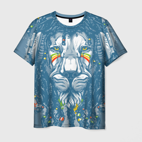 Мужская футболка 3D с принтом Ямайский лев с дредами в Петрозаводске, 100% полиэфир | прямой крой, круглый вырез горловины, длина до линии бедер | дреды