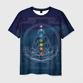 Мужская футболка 3D с принтом Йога мандала   энергетические зоны в Кировске, 100% полиэфир | прямой крой, круглый вырез горловины, длина до линии бедер | 