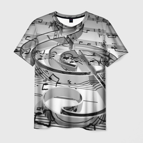 Мужская футболка 3D с принтом Скрипичный ключ в Тюмени, 100% полиэфир | прямой крой, круглый вырез горловины, длина до линии бедер | metal | mirrored | music | notes | sign | treble clef | зеркальный | знак | металл | музыка | ноты | скрипичный ключ