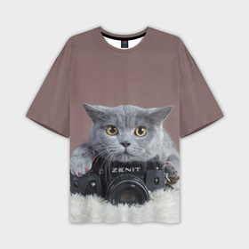 Мужская футболка oversize 3D с принтом Котик фотограф в Новосибирске,  |  | кот | котик | кошка | объектив | фотоаппарат | фотограф