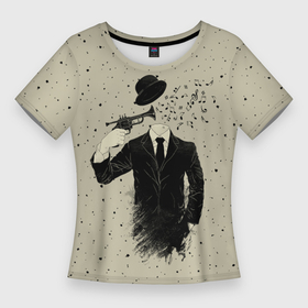 Женская футболка 3D Slim с принтом Музыкальный самоубийца в Кировске,  |  | Тематика изображения на принте: gentleman | hipster | mister | music | note | sound | джентльмен | звук | меломан | мистер | мужчина | музыка | ноты | оружие | пистолет | хипстер | шляпа
