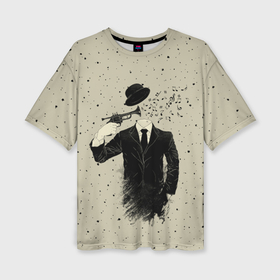 Женская футболка oversize 3D с принтом Музыкальный самоубийца в Кировске,  |  | Тематика изображения на принте: gentleman | hipster | mister | music | note | sound | джентльмен | звук | меломан | мистер | мужчина | музыка | ноты | оружие | пистолет | хипстер | шляпа