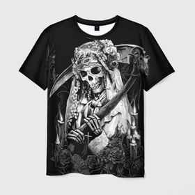 Мужская футболка 3D с принтом Скелетон   смерть с косой в Белгороде, 100% полиэфир | прямой крой, круглый вырез горловины, длина до линии бедер | 