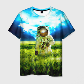Мужская футболка 3D с принтом Первый... в Белгороде, 100% полиэфир | прямой крой, круглый вырез горловины, длина до линии бедер | космонавт | небо | поле | скафандр