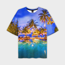 Мужская футболка oversize 3D с принтом Таиланд в Кировске,  |  | clouds | pool | reflection | sea | sky | sunset | thailand | tourism | trees | water | бассейн | вода | закат | море | небо | облака | отражение | пальмы | таиланд | туризм