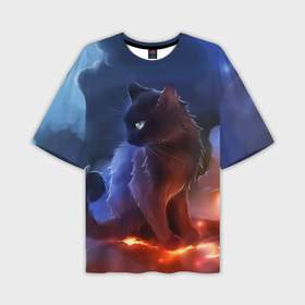 Мужская футболка oversize 3D с принтом Night cat ,  |  | киска | кот | котёнок | кошка | небо | ночь | облака | огонь
