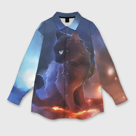 Мужская рубашка oversize 3D с принтом Night cat ,  |  | киска | кот | котёнок | кошка | небо | ночь | облака | огонь