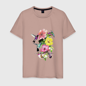 Мужская футболка хлопок с принтом Калибри и цветы , 100% хлопок | прямой крой, круглый вырез горловины, длина до линии бедер, слегка спущенное плечо. | желтые | калибри | красивые | красные | опыление | птица | птицы | птички | стразы | цветок | цветочки | цветы