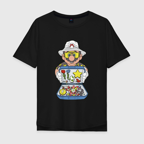 Мужская футболка хлопок Oversize с принтом Марио в Петрозаводске, 100% хлопок | свободный крой, круглый ворот, “спинка” длиннее передней части | Тематика изображения на принте: бонусы | грибы | денди | звезда | игра | молоток | перо | сега | цветы | чемодан | яйцо
