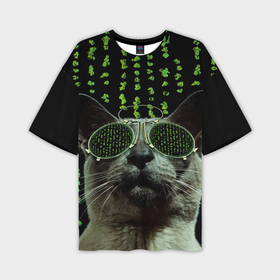 Мужская футболка oversize 3D с принтом Кот в матрице ,  |  | кот | матрица | очки
