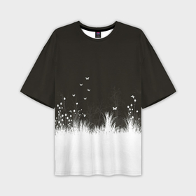 Мужская футболка oversize 3D с принтом Ночная полянка в Тюмени,  |  | Тематика изображения на принте: бабочки | белый | кусты | ночь | цветы | чб | черно белое | черный