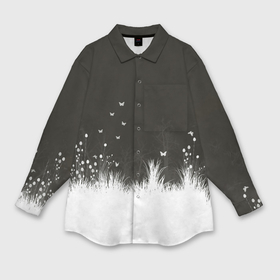Мужская рубашка oversize 3D с принтом Ночная полянка в Санкт-Петербурге,  |  | бабочки | белый | кусты | ночь | цветы | чб | черно белое | черный