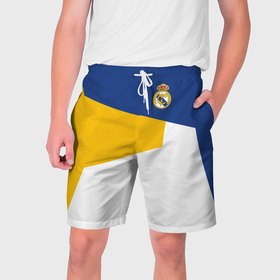 Мужские шорты 3D с принтом Real Madrid geometry sport в Новосибирске,  полиэстер 100% | прямой крой, два кармана без застежек по бокам. Мягкая трикотажная резинка на поясе, внутри которой широкие завязки. Длина чуть выше колен | Тематика изображения на принте: emirates | fc | real madrid | клуб | мяч | реал мадрид