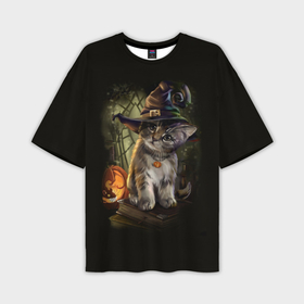 Мужская футболка oversize 3D с принтом Ведьмин котенок в Белгороде,  |  | Тематика изображения на принте: jack | ведьма | кот | котенок | кошка | тыква | хэллоуин
