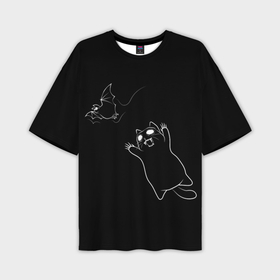 Мужская футболка oversize 3D с принтом Cat Monster в Тюмени,  |  | cat | halloween | арт | животные | кот | котик | кошки | монстр | мышь | праздник | хэллоуин | черно белый