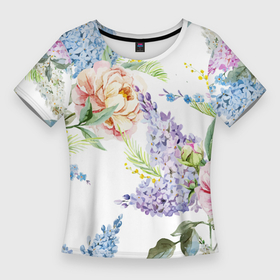 Женская футболка 3D Slim с принтом Сирень и Пионы в Кировске,  |  | Тематика изображения на принте: арт | краска | пион | пионы | прикольные | сирень | тропики | цветные | цветок | цветы