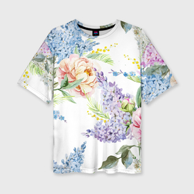 Женская футболка oversize 3D с принтом Сирень и Пионы в Новосибирске,  |  | арт | краска | пион | пионы | прикольные | сирень | тропики | цветные | цветок | цветы