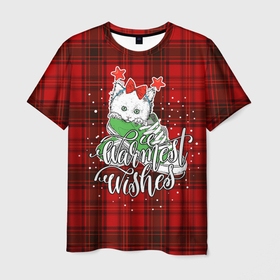 Мужская футболка 3D с принтом Новогодняя кошка в Екатеринбурге, 100% полиэфир | прямой крой, круглый вырез горловины, длина до линии бедер | Тематика изображения на принте: зима | кот | новый год | подарок | рождество