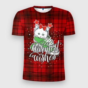 Мужская футболка 3D спортивная с принтом Новогодняя кошка в Курске, 100% полиэстер с улучшенными характеристиками | приталенный силуэт, круглая горловина, широкие плечи, сужается к линии бедра | зима | кот | новый год | подарок | рождество