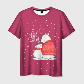 Мужская футболка 3D с принтом Keep warm в Екатеринбурге, 100% полиэфир | прямой крой, круглый вырез горловины, длина до линии бедер | зима | медведь | новый год | подарок | рождество
