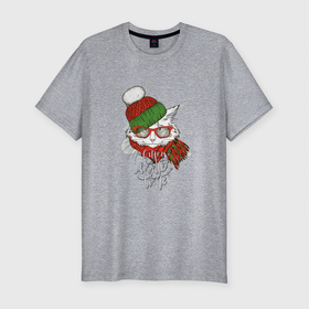 Мужская футболка премиум с принтом Котик в шапке в Белгороде, 92% хлопок, 8% лайкра | приталенный силуэт, круглый вырез ворота, длина до линии бедра, короткий рукав | зима | кот | новый год | подарок | рождество