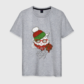 Мужская футболка хлопок с принтом Котик в шапке в Курске, 100% хлопок | прямой крой, круглый вырез горловины, длина до линии бедер, слегка спущенное плечо. | зима | кот | новый год | подарок | рождество