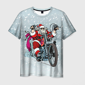 Мужская футболка 3D с принтом Санта Клаус байкер , 100% полиэфир | прямой крой, круглый вырез горловины, длина до линии бедер | байк | дед мороз | зима | мотоцикл | рождество | снег