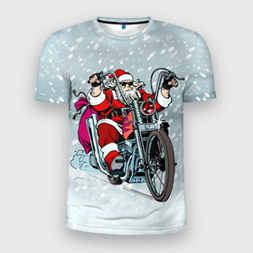 Мужская футболка 3D спортивная с принтом Санта Клаус байкер в Санкт-Петербурге, 100% полиэстер с улучшенными характеристиками | приталенный силуэт, круглая горловина, широкие плечи, сужается к линии бедра | байк | дед мороз | зима | мотоцикл | рождество | снег