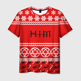 Мужская футболка 3D с принтом Праздничный HIM , 100% полиэфир | прямой крой, круглый вырез горловины, длина до линии бедер | him | вилле вало | готик | готика | группа | з | знак | красный | лав | метал | микко линдстрём | микко паананен | музыка | надпись | новогодний | новый год | песни | праздник | рождество | рок | снежинки