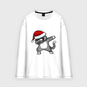 Мужской лонгслив oversize хлопок с принтом Dab Cat Santa в Белгороде,  |  | даб | кот | новогодний | рождество | шапка