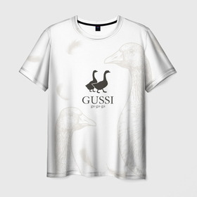 Мужская футболка 3D с принтом Gussi ga ga ga в Кировске, 100% полиэфир | прямой крой, круглый вырез горловины, длина до линии бедер | gucci | gusi | gussi | гуcь | гуси | гучи | гуччи | перо | перья | уточка | уточки