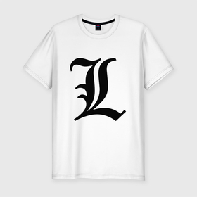 Мужская футболка хлопок Slim с принтом L (Death Note) в Санкт-Петербурге, 92% хлопок, 8% лайкра | приталенный силуэт, круглый вырез ворота, длина до линии бедра, короткий рукав | эл | эль