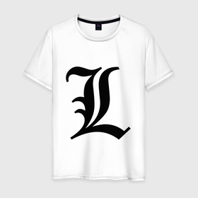 Мужская футболка хлопок с принтом L (Death Note) в Кировске, 100% хлопок | прямой крой, круглый вырез горловины, длина до линии бедер, слегка спущенное плечо. | эл | эль