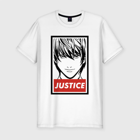 Мужская футболка хлопок Slim с принтом Justice в Белгороде, 92% хлопок, 8% лайкра | приталенный силуэт, круглый вырез ворота, длина до линии бедра, короткий рукав | death note | kira | ryuk | кира | рюк